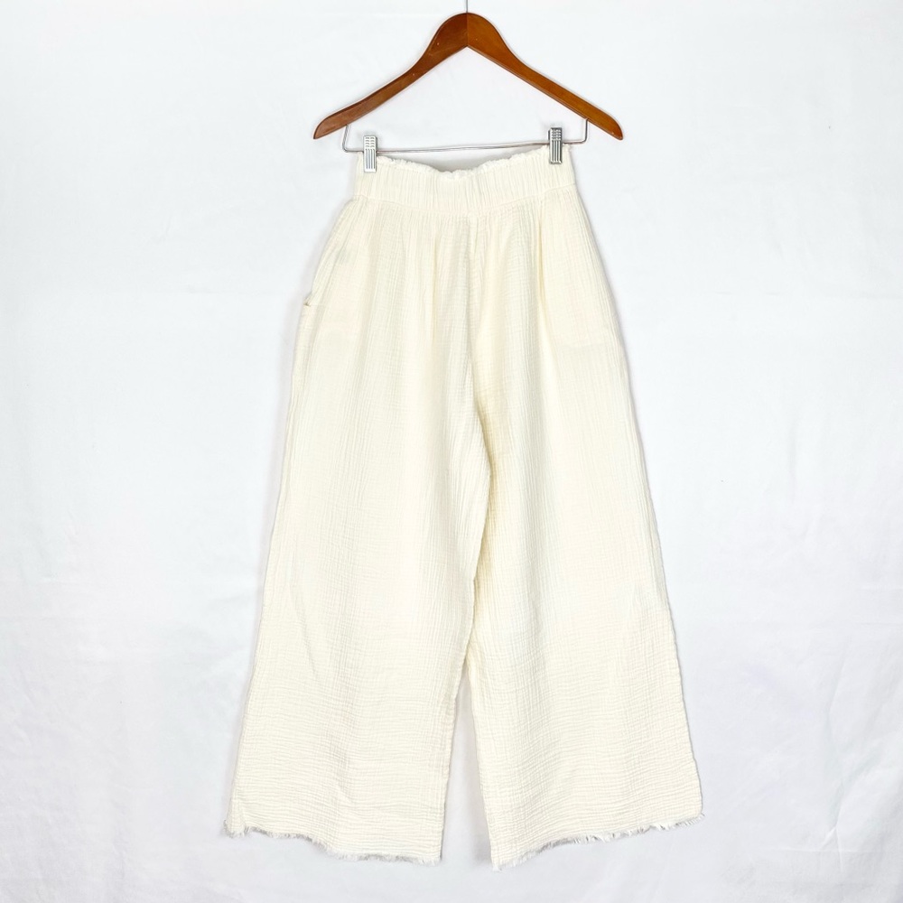 IKIKIZ Crinkle Palazzo Pants Frayed Hem Pocket‎ Wide Leg High Rise